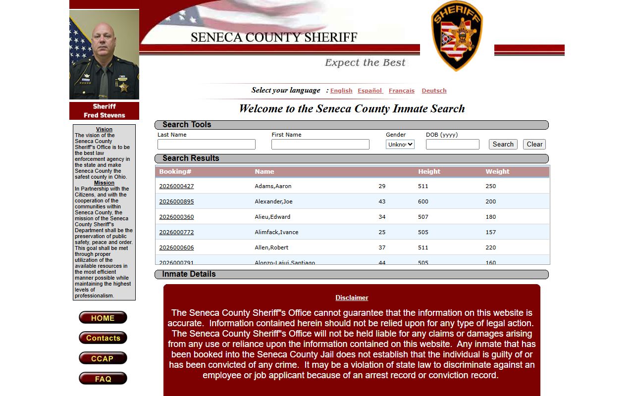 Seneca County Jail inmate locator search interface